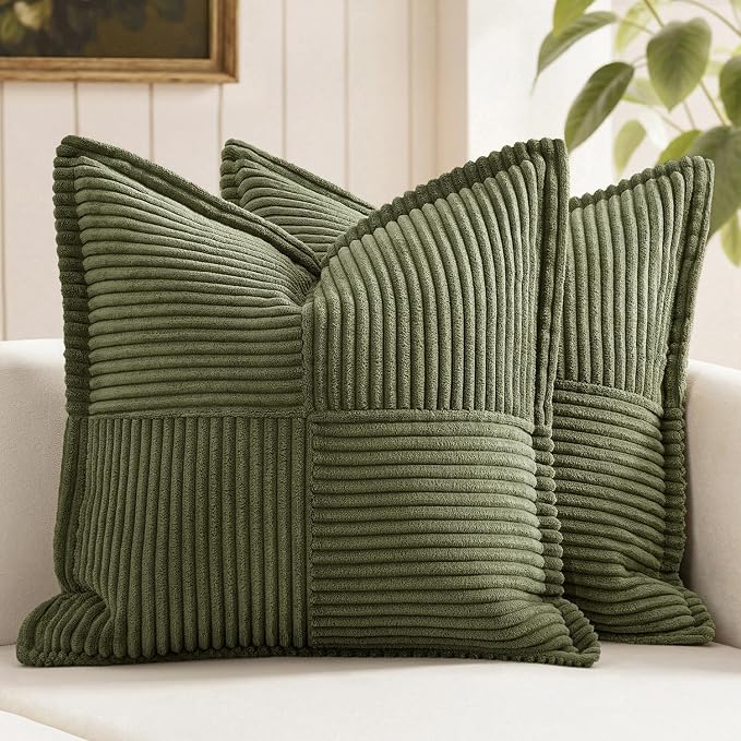 MIULEE Decorative Throw Pillow Covers for Couch 20x20 Inch Olive Green | 2 Pack, Boho Broadside Striped Patchwork Pillow Covers, Soft Corduroy Cushion Cases, For Sofa Bed Livingroom Home Decor