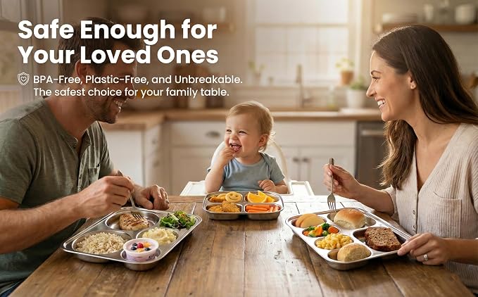 Korean Stainless Steel Divided Plates for Kids & Adults 2-Pack Food Tray | 6-compartment tray for portion control. Premium 304 electro-polished stainless steel, no black residue