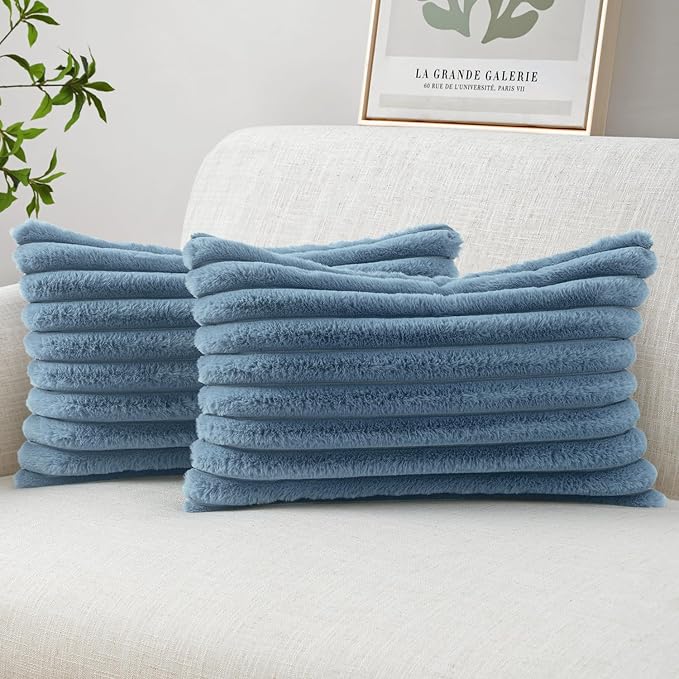MIULEE Faux Fur Lumbar Throw Pillow Covers 12x20 Set of 2 Grey Blue | Coastal Modern Soft Plush Couch Pillows, Cozy Fluffy Cushion Covers for Sofa Bed Living Room Home Decor