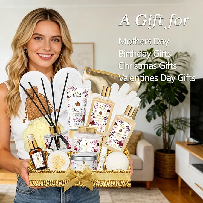 Mother's Day Gift Basket 17Piece Honey Almond Spa Gift Basket for Women Bath and Body Gift Basket Set Kit with Shower Gel | Christmas, Valentines Day Gifts for Women, Birthday Gifts for Her, Wife, Mom