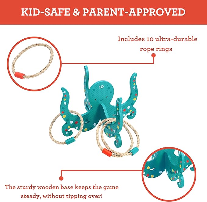 Petit Collage: Happy Octopus Wooden Hoopla - Wooden Carnival Ring Toss Game with Rope Rings - Perfect for Indoor or Outdoor Play - Great Birthday Party Activity or Gift for Kids Ages 3+