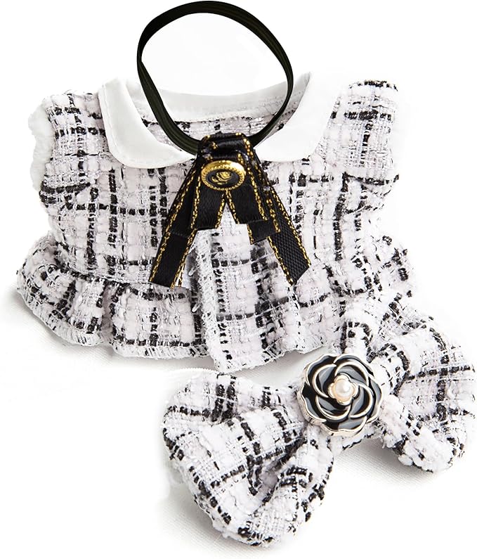 17cm Doll Clothes for Labubu - Luxury Chic Style Set for 17cm Dolls, Premium Doll Outfit with Accessories - White Plaid Tweed Dress + Black Necktie + Plaid Bow (Clothes Only)