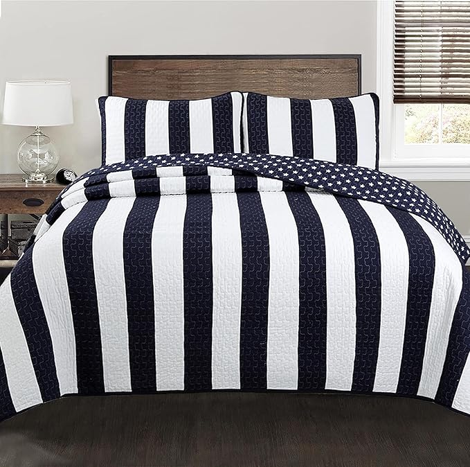 Cozy Line Home Fashions Sailor Popeye 's Bedding Quilt Set, Nautical Navy Blue White Star Striped 100% Cotton Reversible Coverlet Bedspread for Kids Boy (Sailor Star, Twin - 2 Piece)