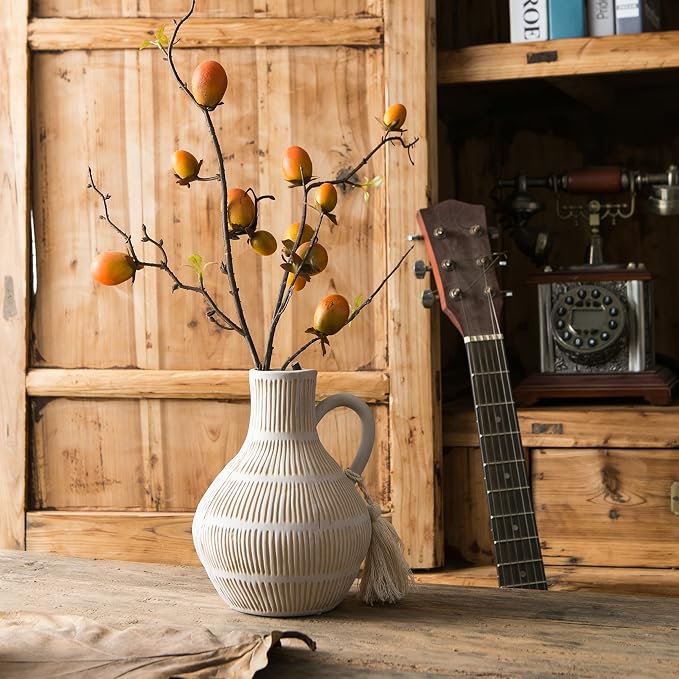 Mowtanco Rustic Ceramic Vase for Home Decor, Farmhouse Decorative Vases for Pampas Grass, Terracotta Vase with Tassel Design, Handle Flower Vase, Clay Vase for Living Room Decoration, 8 inch Tall
