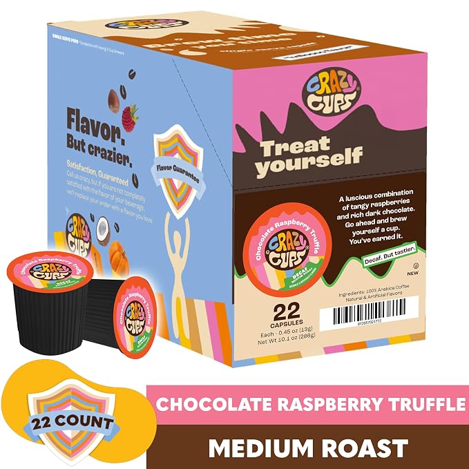 Crazy Cups Decaf Flavored Coffee Pods - Decaf Chocolate Raspberry Truffle - Decaffeinated Coffee pods for Keurig K-Cups Machines, 22 Counts