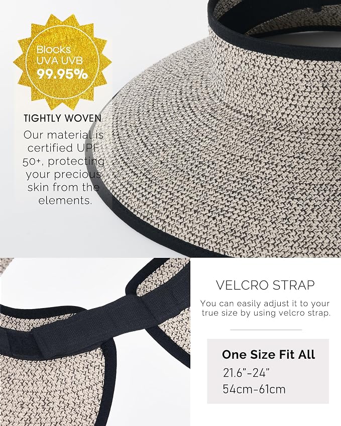 FURTALK Womens Sun Hat with Ponytail Hole Wide Brim Beach Straw Visor | Foldable & Packable for Beach Vacations, Adjustable Fit for Messy Buns, Detachable Windproof Strap, Sweat-Wicking Inner Band