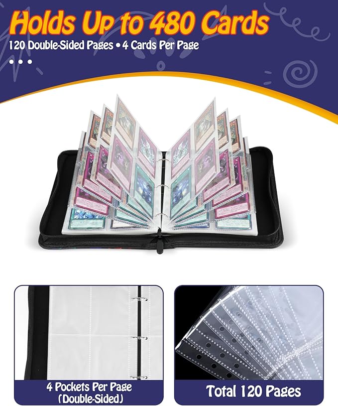 Best baseball card binder 4-Pocket holds 480 cards, 120 pages side-loading, PU leather zip waterproof cover, acid-free pages, for home storage & card shows, baseball cars binder, gift kids boys girls!