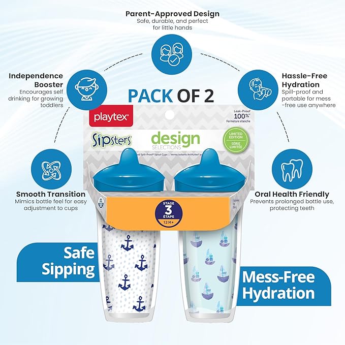Playtex Baby Sipsters Hard Spout Sippy Cup for 12+ Months, 9 Ounce (2 Count), Blue Anchor & Sailboat Design, Insulated Toddler Water Bottle for Kids, Spill-Proof Cups for Toddlers 1-3, Stage 3