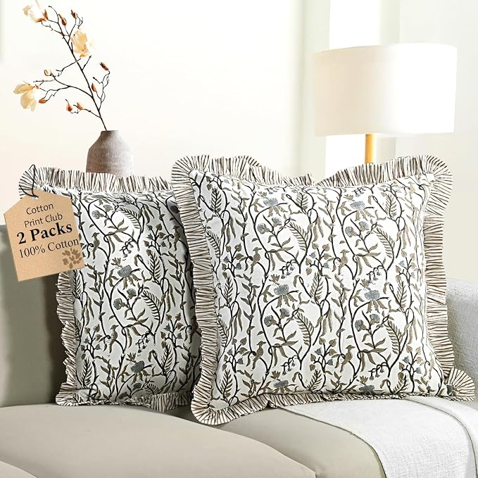 CPC Cocoa Vine Hand Block Print 100% Cotton Ruffle Throw Pillow Cover 24x24 inch with Hidden Zipper Decorative for Couch, Bed, Sofa, Farmhouse, Cottagecore Decor Gift Christmas Fall Thanksgiving