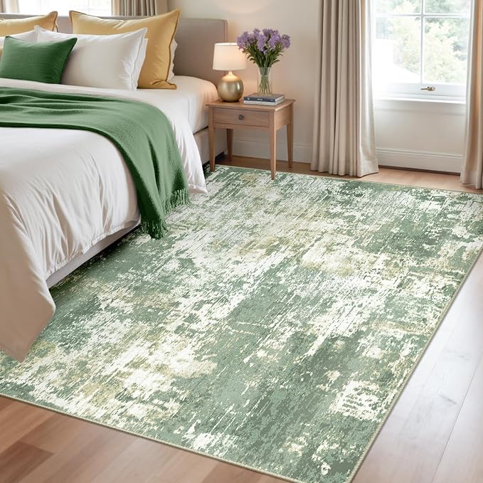 RELEANY Washable 4'x6' Abstract Area Rug for Living Room Light Green | carpet for bedroom, kitchen, office, hallway and entryway, printed pattern, non-slip, soft, stain-resistant, easy to clean