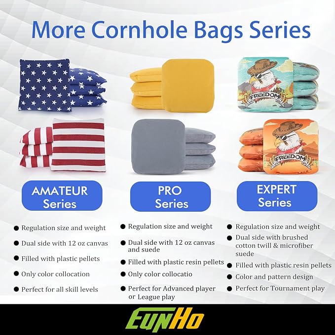 EunHo Regulation Cornhole Bags Set of 8 - Dual Sided Slick and Stick Cornhole Bean Bags for Tossing Game Professional All Weather Pro Corn Hole Bags with Tote Bag