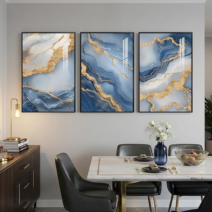 Large Framed Abstract Wall Art for Living Room, Modern Luxury 3 Piece Blue Gold White Prints Paintings for Walls, Elegant Marble Pattern Pictures for Dining Bedroom Hallway Office Home Decor 24x36 In