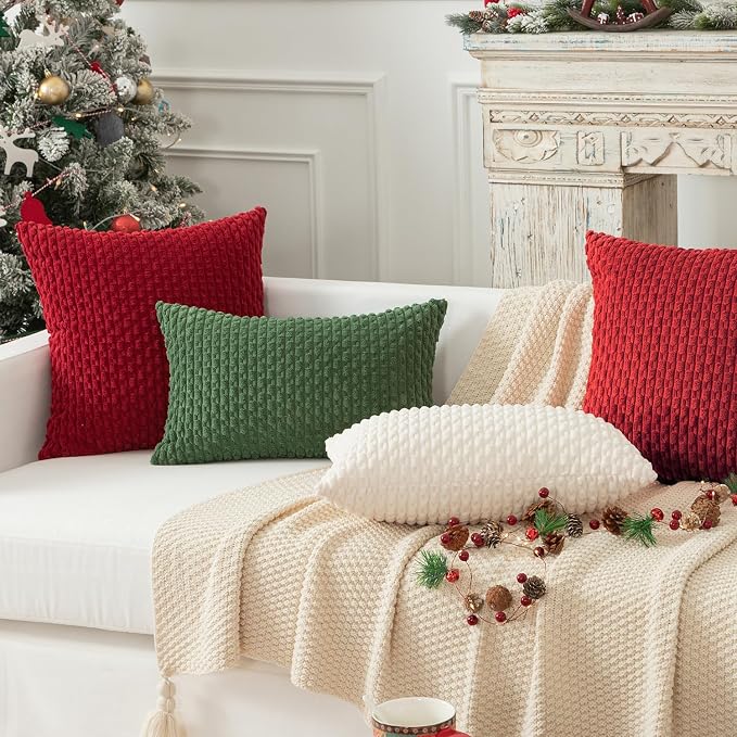 Kevin Textile Soft Corduroy 14"x24" Lumbar Pillow Cover 1 Pack, Red | Boho Stripe Plush Corduroy Decorative Oblong Cushion Cover Modern Farmhouse Home Decor for Sofa Couch Bed Chair