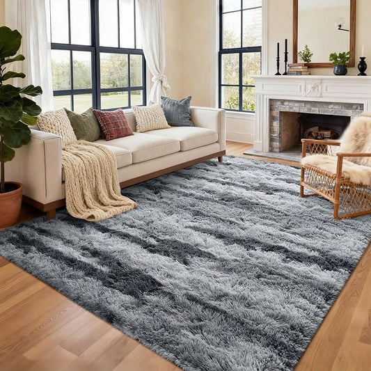5x7 Ft Large Shag Rugs for Bedroom Living Room for Men Boys, Tie Dyed Ultra Soft Fluffy Furry Area Rug for Indoor Floor, Aesthetic Carpet for Home Decor (Grey)