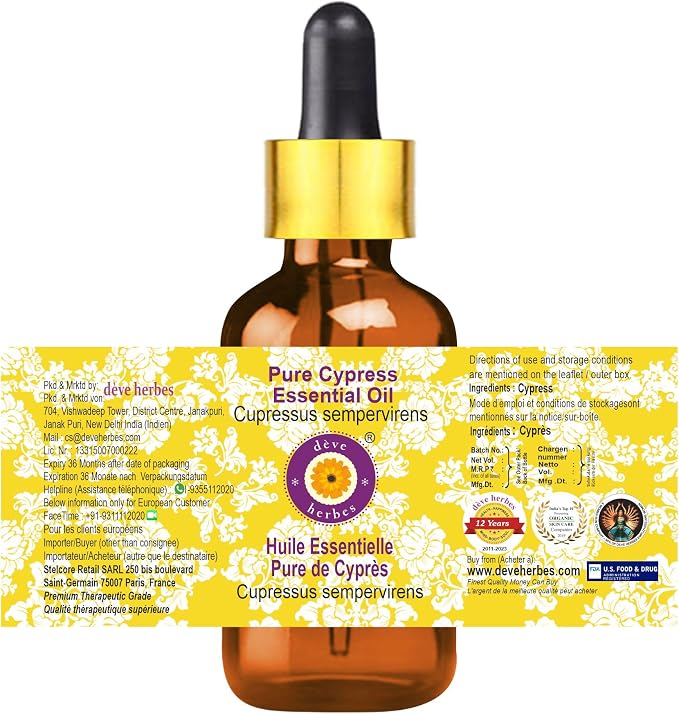 Deve Herbes Pure Cypress Essential Oil (Cupressus sempervirens) with Glass Dropper Steam Distilled 100ml (3.38 oz)