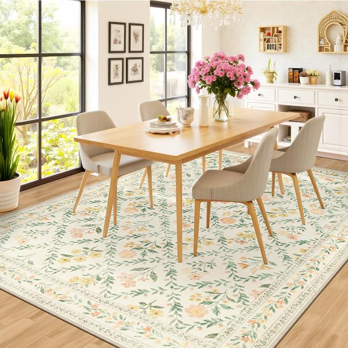 10x12 Area Rugs for Living Room: Floral Washable Rug Vintage Large Soft Boho Non-Slip Carpet Stain Resistant Low Pile Carpets for Bedroom Dining Room Farmhouse Nursery Hallway Home Office Beige/Multi