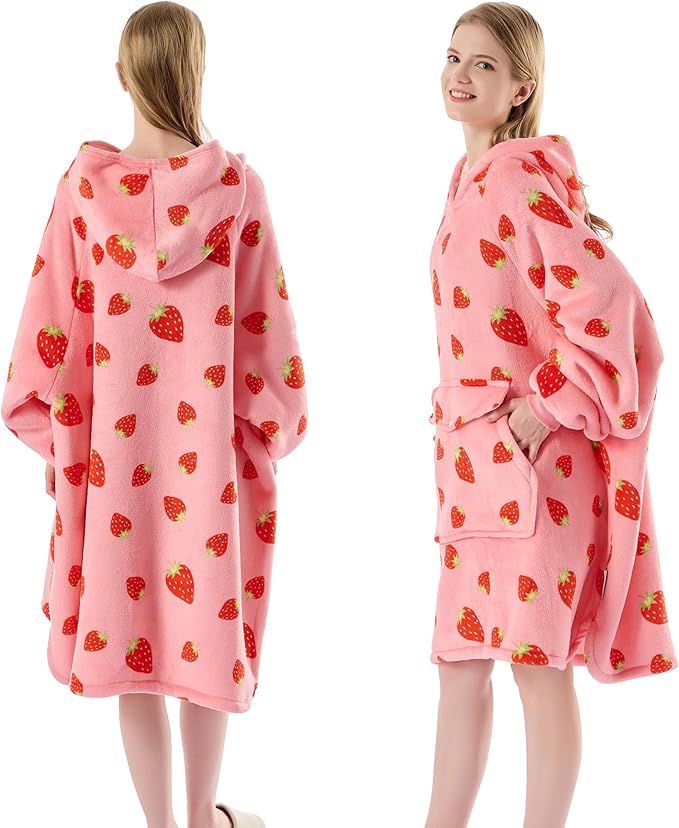 Krifey Wearable Blanket Hoodie, Oversized Sherpa Fleece Sweatshirt with Giant Pocket, Birthday Gifts for Women, Mom, Sister, Strawberry