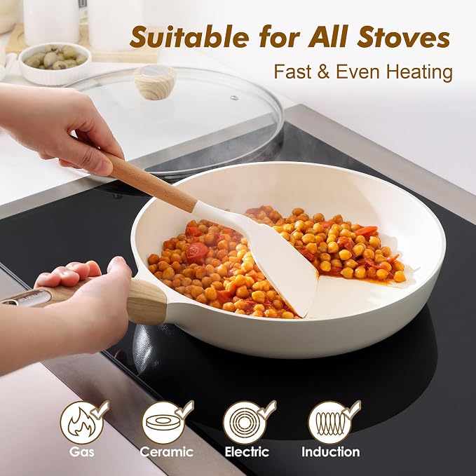 SENSARTE 9.5inch Ceramic Nonstick Frying Pan Skillet with Lid, White | Non Stick Omelet Pans, Non-toxic Healthy Kitchen Cooking Chefs Pan, PFOA/PFAS/PTFE Free, Induction Compatible