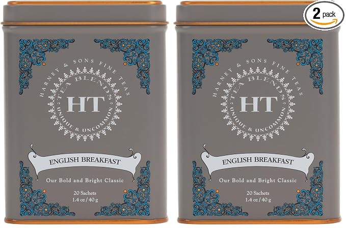 Harney & Sons English Breakfast Tea, Caffeinated, 20ct sachet tin, HT Tea Blends (Pack of 2)