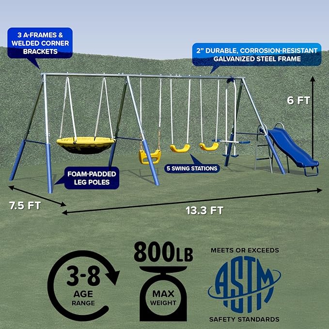 Sportspower 800lbs ‘Swing & Play’ Metal Swing Set for Backyard & Outdoors, 2 Swings & Standing Swing, 2-Person Glider, 2-Person Saucer, 5ft Slide, Bonus Anchors, 6-YR WRTY, 6.1' Tall