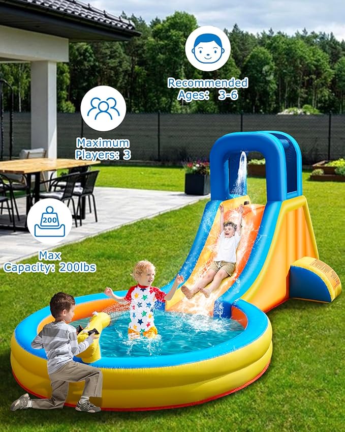 Inflatable Water Slide for Kids – 5-in-1 Blow Up Bounce House with Long Slide, Climbing Wall, Splash Pool, Water Cannon, Spray Water Spout – Backyard Toddler Water Park with 370W Blower & Storage Bag