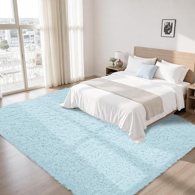 8x10 Area Rug for Living Room:Ultra Soft Fluffy Shag Teal Blue Rugs,Large Fuzzy Plush Indoor Non Slip Carpet Washable Rug for Bedroom Kids Nursery Office Dorm Modern Decor(Light Blue 8'x10')