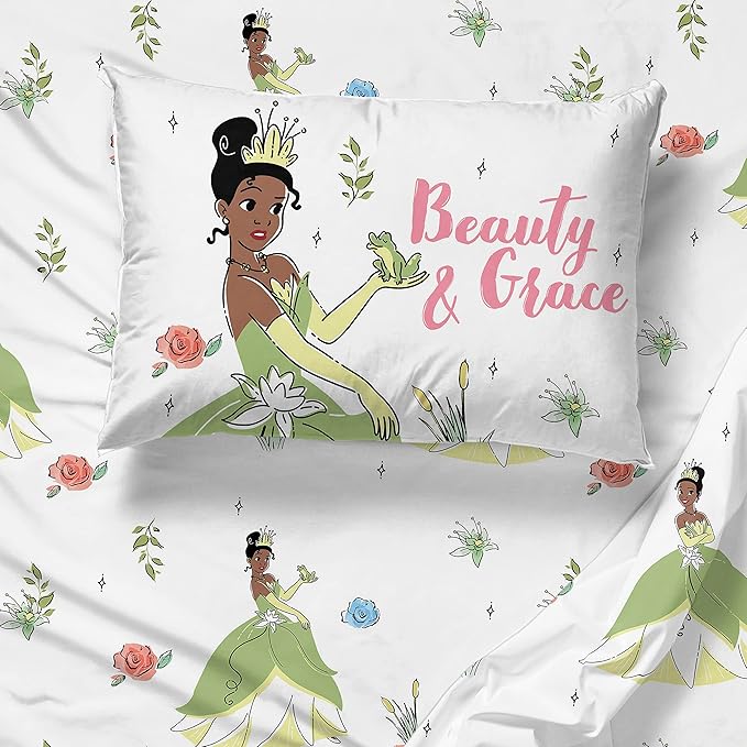 Jay Franco The Princess and The Frog Beauty & Grace 5 Piece Twin Size Bed Set - Includes Comforter & Sheet Set Featuring Tiana - Super Soft Bedding Fade Resistant Microfiber (Official Product)