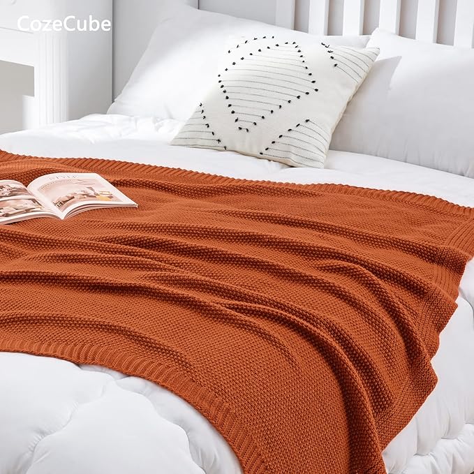 CozeCube Burnt Orange Seed Stitch Throw Blanket 50"x60", Farmhouse Decor | Blanket for Couch, Soft Cozy Cable Knit Throw for Bed Sofa Living Room, Lightweight Warm Decorative Christmas Blanket