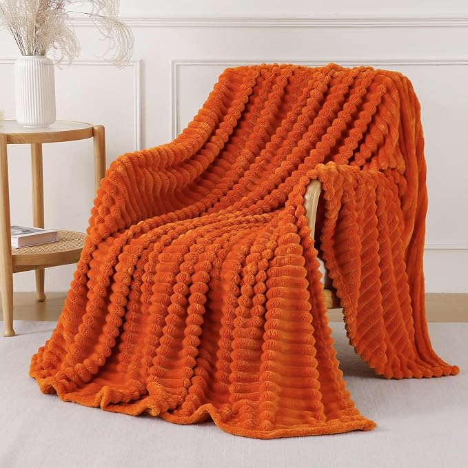 Orange Throw Blanket for Couch Sofa 50x60 inches Striped Design | Fleece Blankets Room Home Decor Lightweight Plush Soft Cozy Gifts for Women Mom