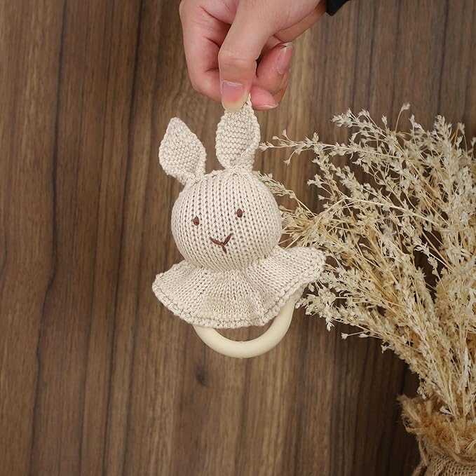 mimixiong Cotton Baby Blanket Knitted Crochet Receiving Crib Nursery Swaddling Blankets for Newborn Baby Boy Girl with The Bunny Rattle (Snow White)