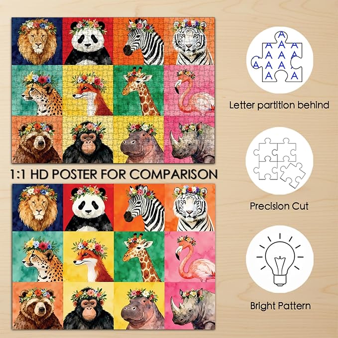 Puzzles for Adults 1000 Pieces - Beast-Themed Colorful Jigsaw Puzzles, Fun Family Game, Challenging Brain Teaser, 28 x 20 in, Great Gift Idea & Home Decor (Floral Beasts)