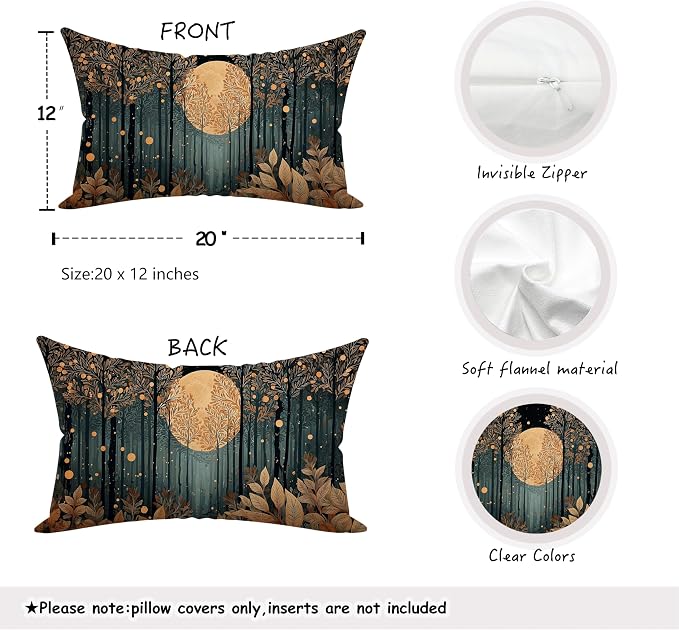 Vintage William Morris Inspired Gold Forest Moon Pillow Covers 20x12 Set of 2,Rustic Black and Gold Moon Landscape Nature Botanical Decorative Throw Pillow Covers for Home Bedroom Living Room