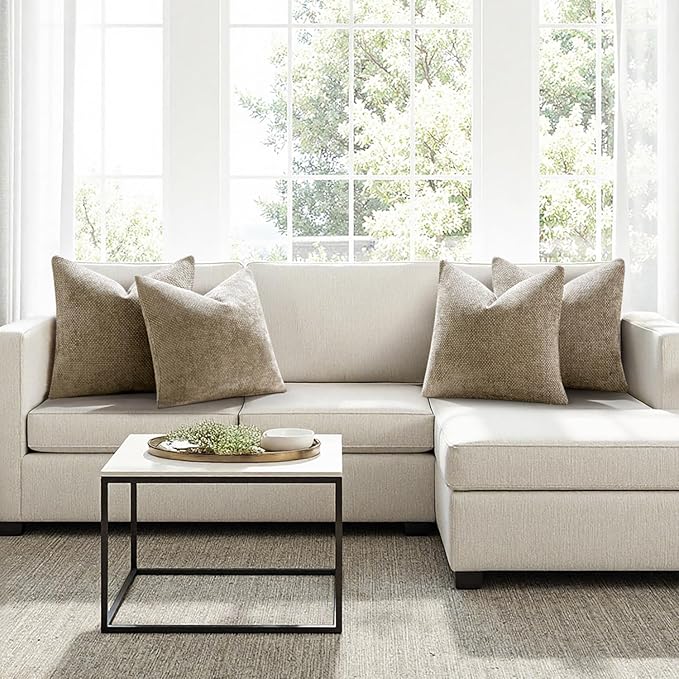 MIULEE Soft Decorative Chenille Pillow Covers Khaki 20x20 Pack of 4 | Modern Home Decor, All Same Khaki Color Set, Couch Throw Pillows, Farmhouse Boho Cushion Covers for Sofa Bed Living Room