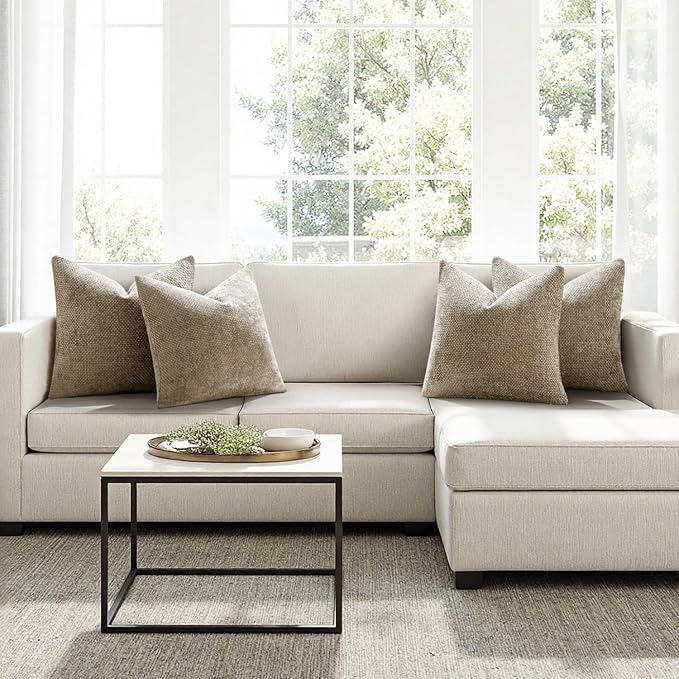 MIULEE Soft Decorative Chenille Pillow Covers Khaki 18x18 Pack of 4 | Modern Home Decor, All Same Khaki Color Set, Couch Throw Pillows, Farmhouse Boho Cushion Covers for Sofa Bed Living Room