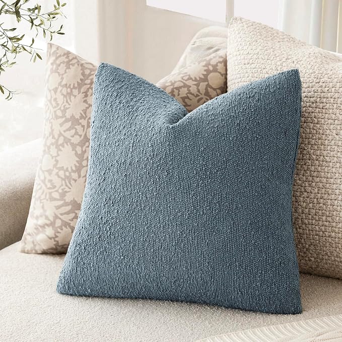 Foindtower Set of 2, Decorative Textured Boucle Throw Pillow Covers Accent Solid Pillow Cases Neutral Cozy Couch Cushion Case for Chair Sofa Bedroom Living Room Home Decor 24x24 Inch Misty Blue
