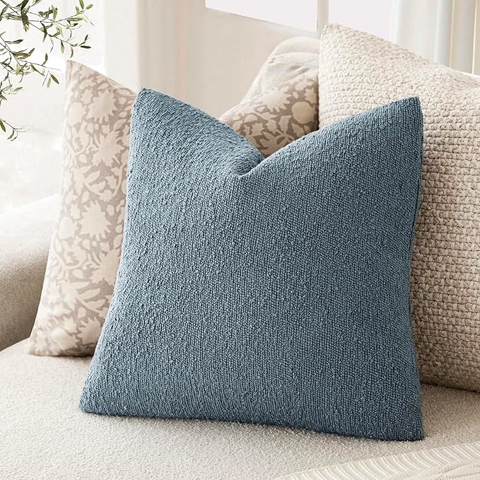 Foindtower Pack of 2 Textured Boucle Throw Pillow Covers Accent Solid Pillow Cases Cozy Soft Decorative Couch Cushion Case for Chair Sofa Bedroom Living Room Home Decor 18x18 Inch Misty Blue