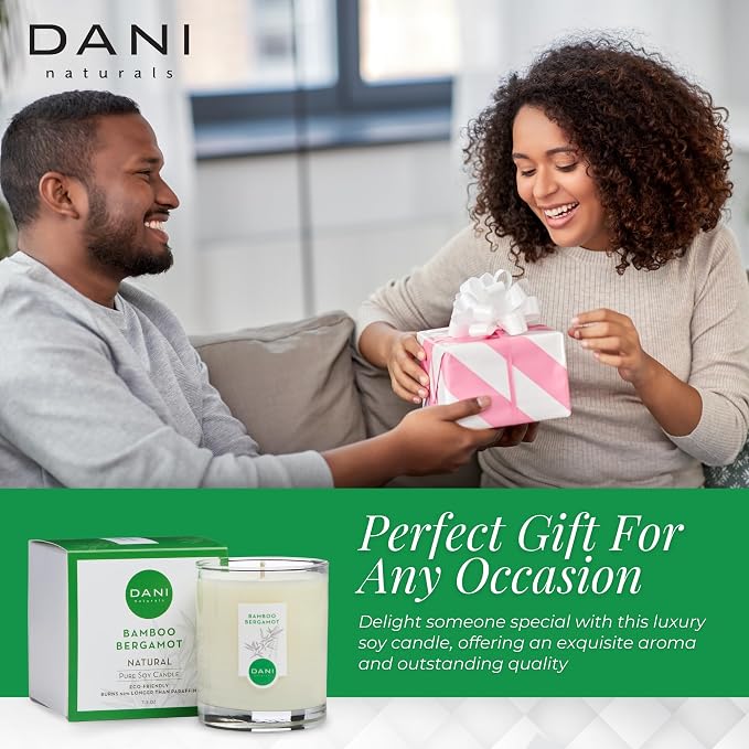 DANI Naturals Bamboo Bergamot 100% Soy Wax Candle, Non-Toxic, 7.5oz | Vegan,soy wax candle,Clean-burning with organic cotton wick,Fresh bamboo bergamot scent,Made in USA