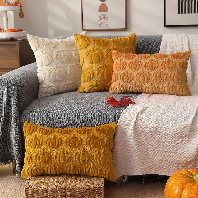 DFXSZ Fall Pillow Covers 12x20 2Pcs Yellow Pumpkin Fall Decoration for Home | Fall decor Set of 2 Throw Pillow Cases Soft Plush Faux Fur Wool Couch Cushion for Chair Sofa Bedroom Living Room Home Decor