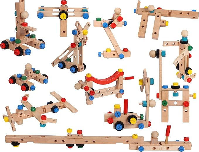 Wooden Nuts and Bolts Set - Construction Work Bench Chair - Wooden Construction Kits for Kids - Compatible with TOWO Nuts Bolts Set