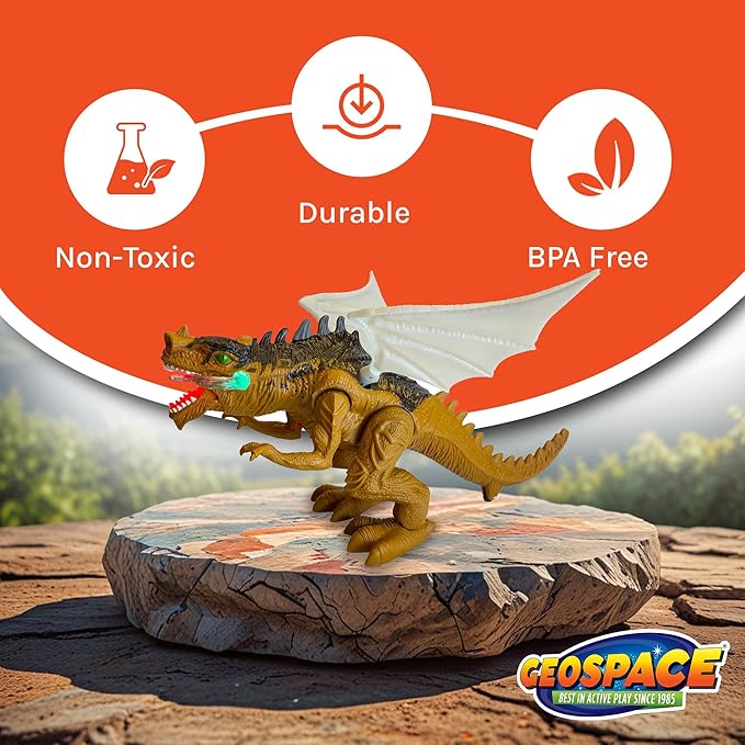 Geospace New Dragon Walking Dinosaur Toy – Smoke Breathing Fire Dragon Toy for Kids 3 & up, Walking Dinosaur Toys with Lights, Roaring Sound, Dragons Action Figure, Dragons for Gift (Bull Dragon)