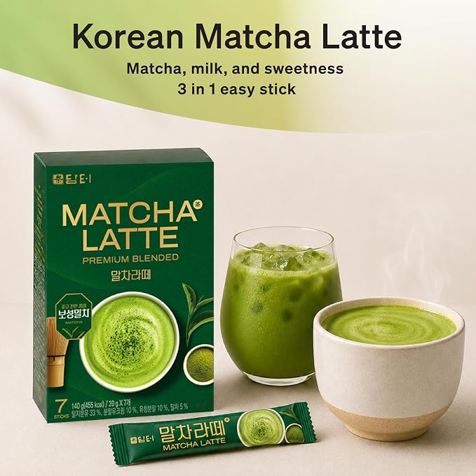Damtuh Matcha Latte 20g x 7 Sticks – Ceremonial Grade Creamy Korean Matcha Latte Powder Mix, Instant Green Tea Drink for Smooth Café-Style Sweetened without sugar