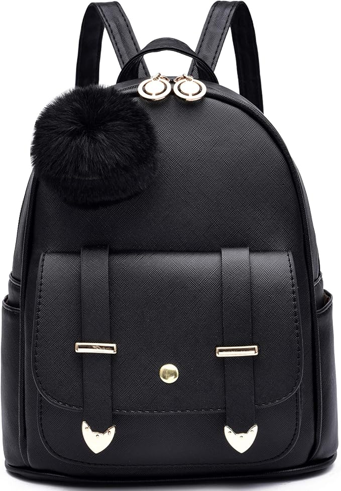 I IHAYNER Girls Fashion Backpack Mini Backpack Purse for Women Teenage Girls Purses PU Leather Pompom Backpack Shoulder Bag