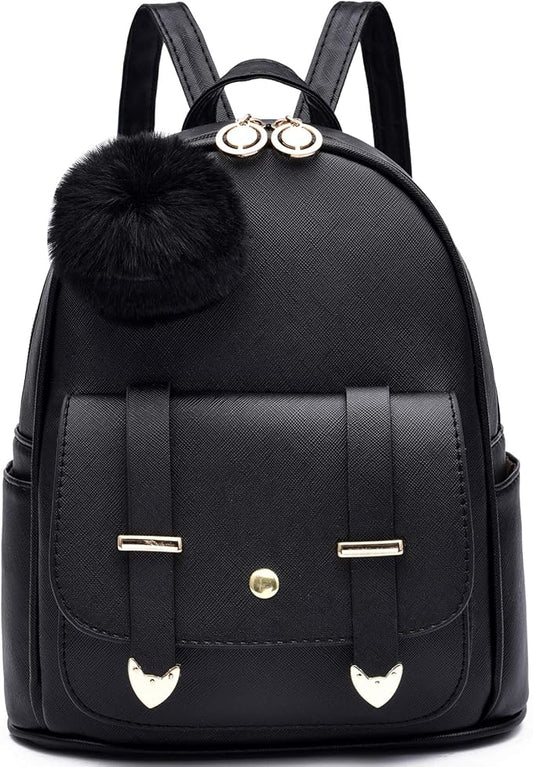 I IHAYNER Girls Fashion Backpack Mini Backpack Purse for Women Teenage Girls Purses PU Leather Pompom Backpack Shoulder Bag