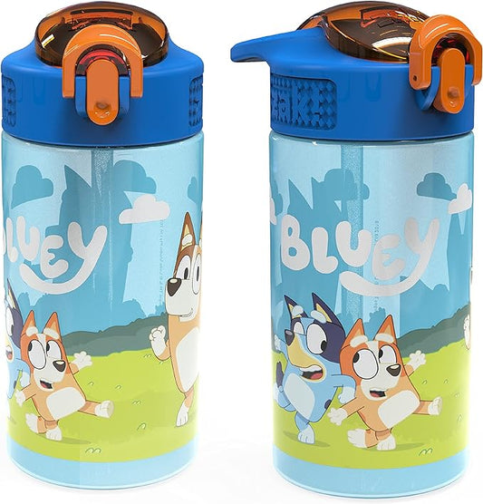 Zak Designs Bluey Kids Water Bottle Durable Plastic Spout Cover and Built-in Carrying Loop, Leak-Proof Water Design for Travel, (16oz, 2pc Set), 2pk
