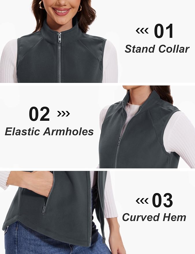 MAGCOMSEN Women's Fleece Vest with Zipper Pockets Zip Up Sleeveless Jackets Lightweight Soft Warm Polar Vest Outerwear