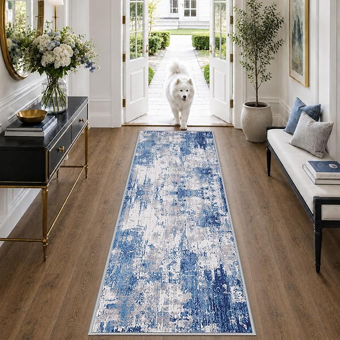 RELEANY Washable Runner 2'x8' Abstract Area Rug for Hallway Blue Gray | carpet for kitchen, entryway, bathroom, living room, bedroom, printed pattern, non-slip, soft, stain-resistant, easy to clean