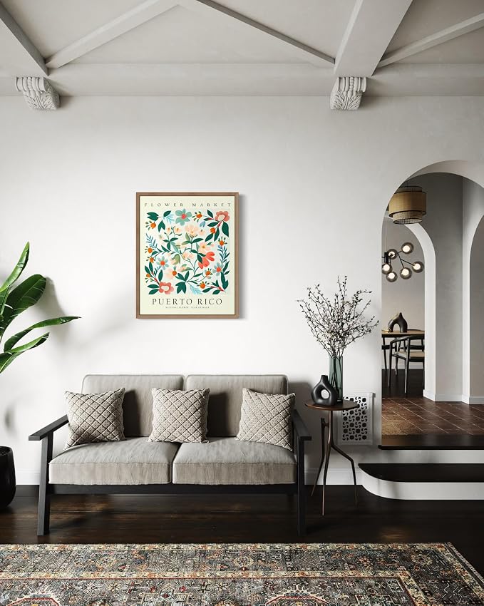 Puerto Rico Flower Market Art Print Poster, Wall Art Floral Painting Botanical Decor for Bedroom, Kitchen, Bathroom Livingroom Decoration 82B (Puerto Rico, 20"L x 16"W, Wood Frame)