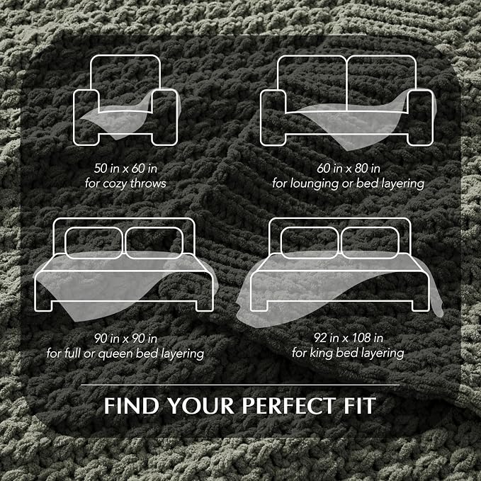 EVERGRACEHOME Chunky Chenille Knit Throw Blanket, 108x92, Dried Thyme Green | Sculpted Moss Stitch, Chic Modern Farmhouse, All-Season Warmth, OEKO-TEX® Certified, Oversized King for Couch, Bed, Sofa