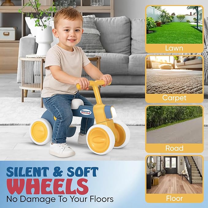 Henry & Colin Baby Balance Bike for Kids - No Pedal 4 Silence Wheels & Soft Seat First Bike, Toddler Walker for Boys & Girls, with Light, Music for 1-3 Year Olds (Blue)
