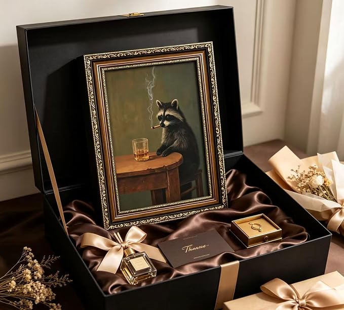 Vintage Gold Framed Smoking Raccoon Wall Art, Moody Dark Funny Animal Whiskey Cigar Canvas Print, Humor Funny Raccoon Wall Decor, Retro Bar Cart Poster Artwork, for Study Office Bar Decor, 16x24in